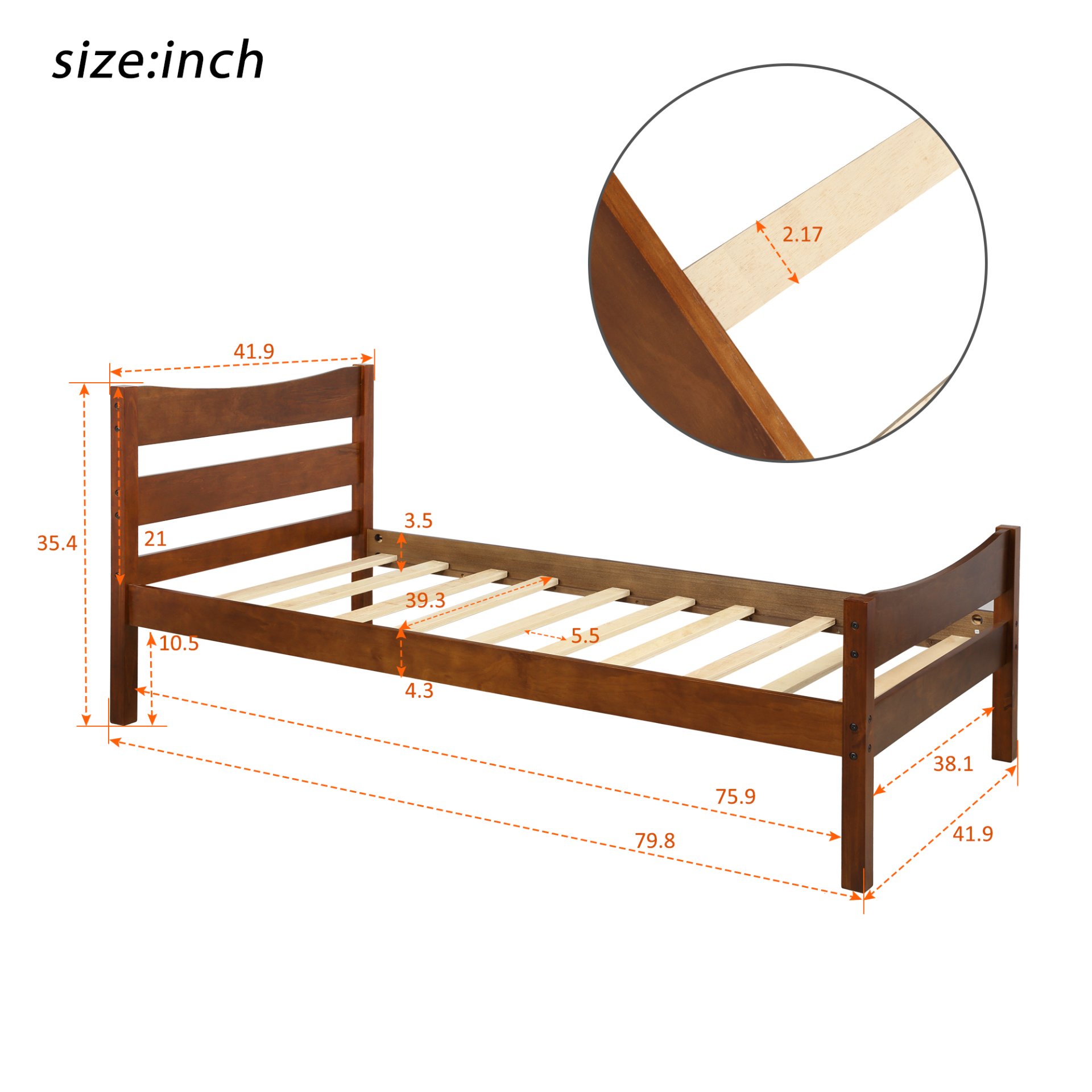 Twin Size Platform Bed With Headboard And Slat Support - Walnut - Image 3