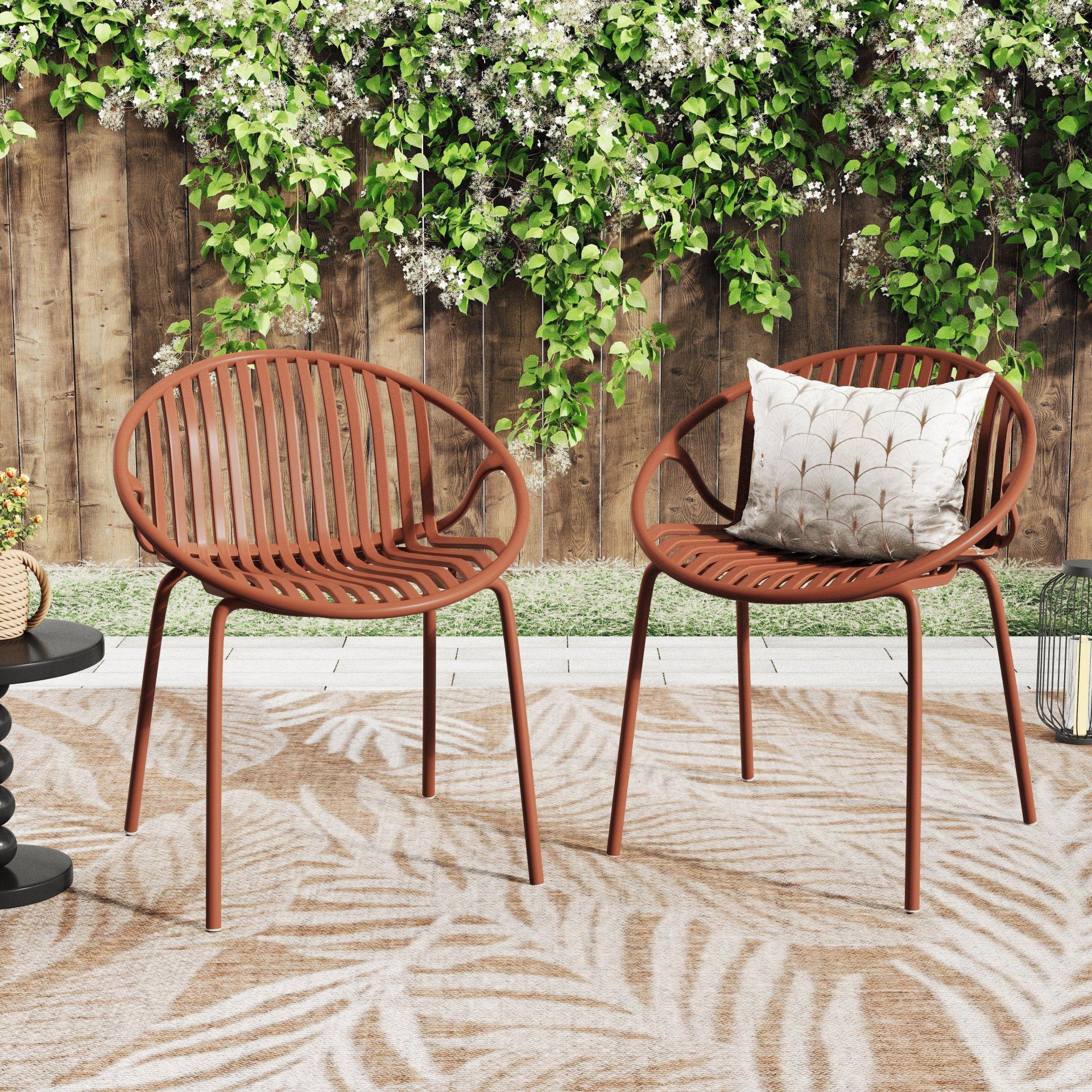 Contemporary Patio Dining Chairs (Set of 2) Stackable Outdoor Chairs With Breathable Plastic Backrest, Metal Legs - Orange - Image 2