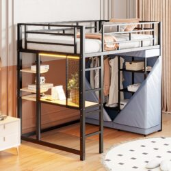 Twin Size Loft Bed With Desk, Shelves, Power Outlet, LED Light And Wardrobe - Black