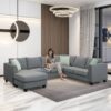 Sectional Sofa Couches Living Room Sets, 7 Seats Modular Sectional Sofa With Ottoman, L Shape Fabric Sofa Corner Couch Set With 3 Pillows - Gray - Image 15