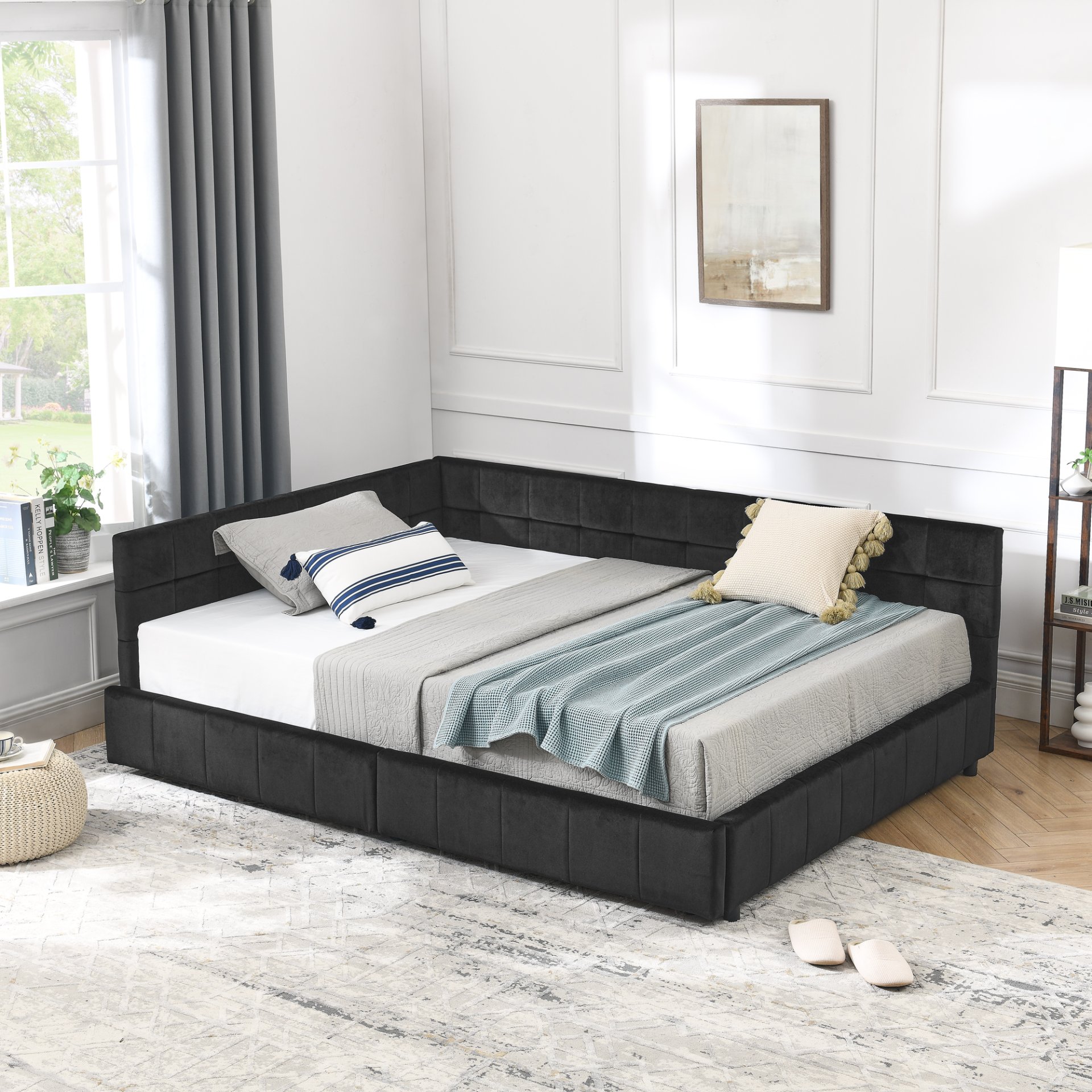 Mid Century Velvet Upholstered Tufted Full Size Storage Bed Frame With Backrest And Armrests - Black - Image 7