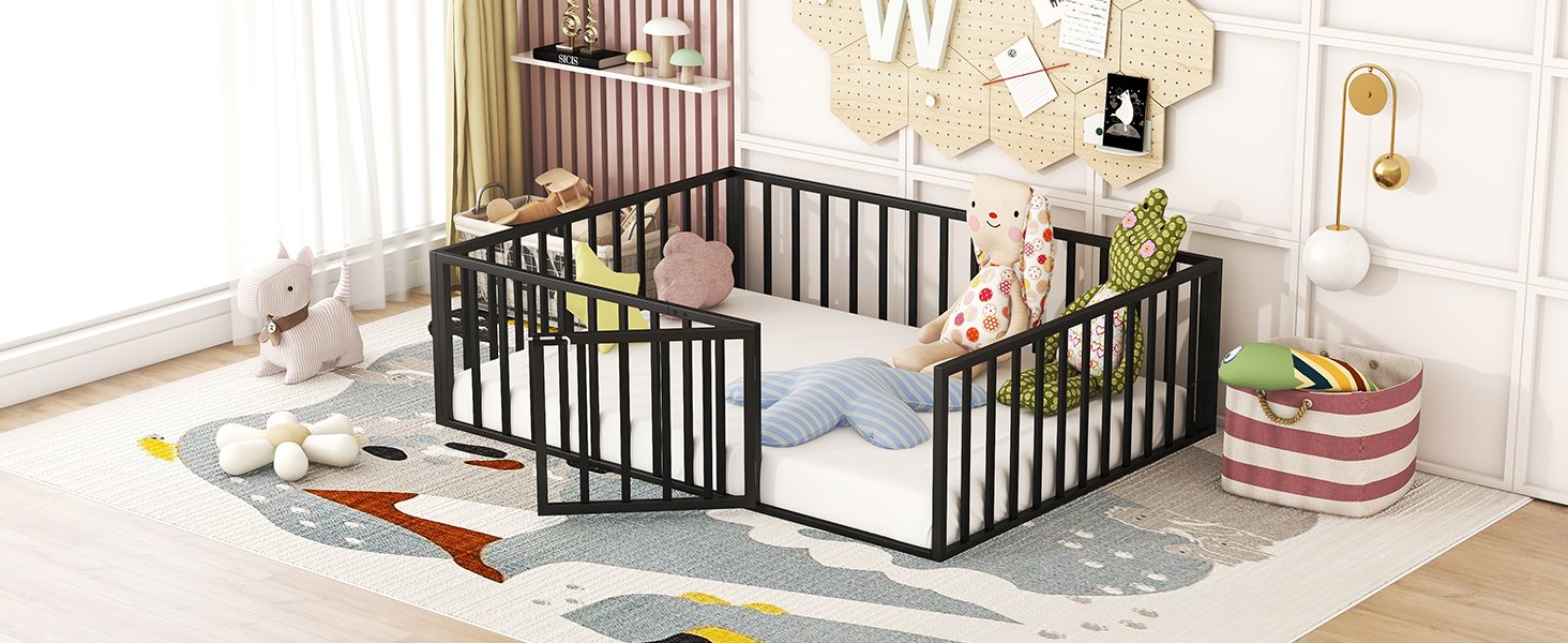 Full Size Floor Bed Frame With Fence And Door - Black - Image 15