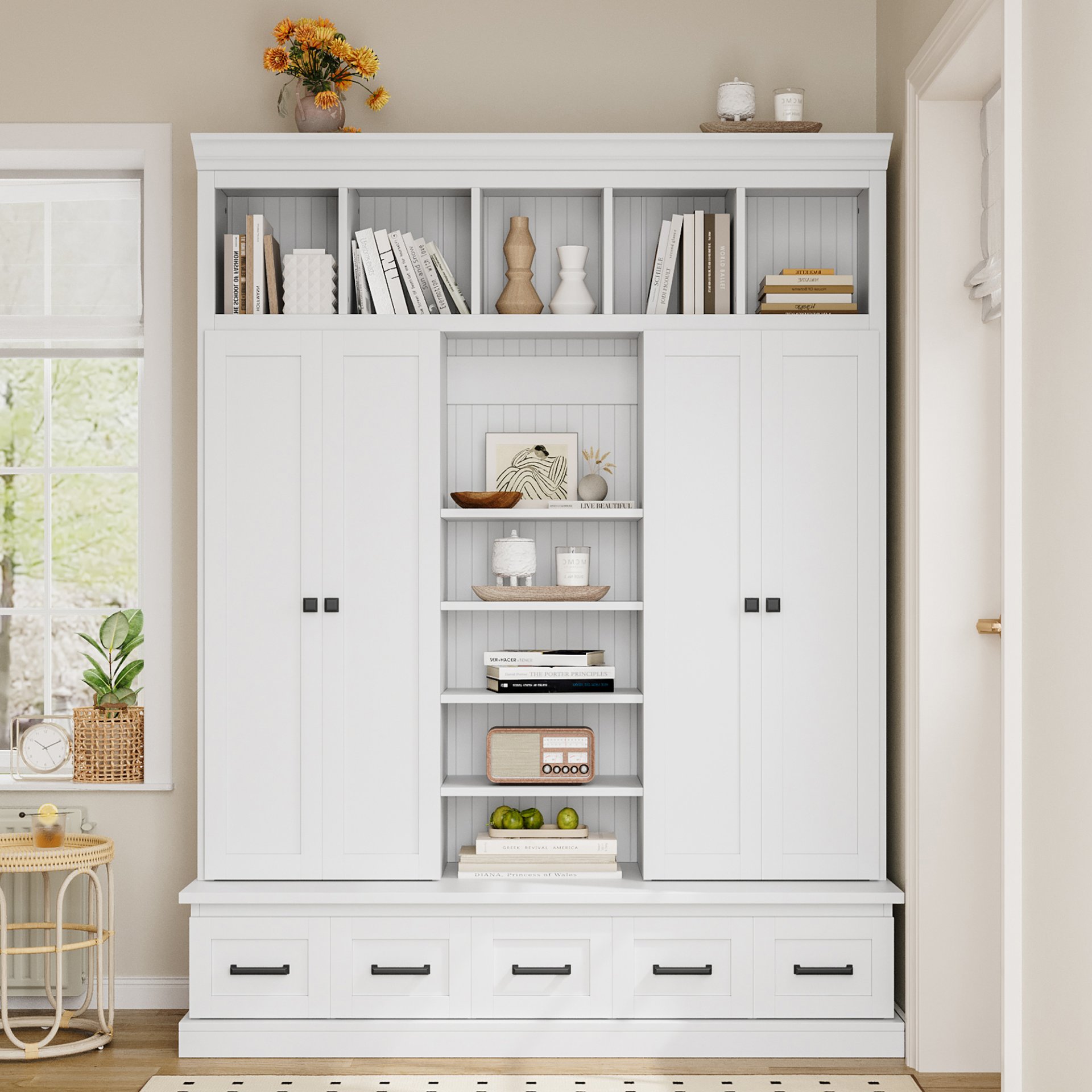 Hall Tree With Bench And 5 Storage Cubbies, Modern Entryway Storage Organizer Cabinet With 4 Doors, 5 Drawers And Adjustable Shelves For Hallway, Entryway, Living Room - White - Image 2