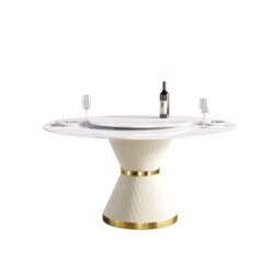 59.05" Modern Artificial Stone Round Carbon Steel Base Dining Table, Can Accommodate 6 People Artificial Stone Turntable - White
