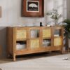 Retro 4 Door Sideboard With Large Storage Space, Artificial Rattan Doors - Transparent Glass - Antique Brown - Image 6