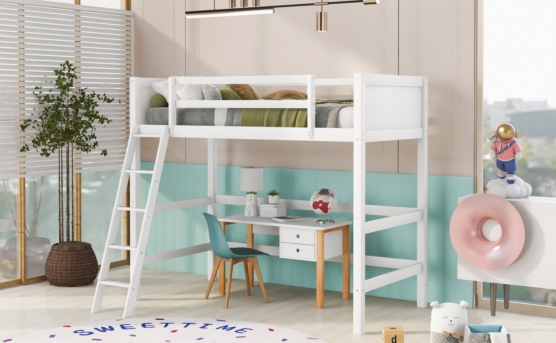 Twin Size Loft Bed With Ladder - White - Image 3