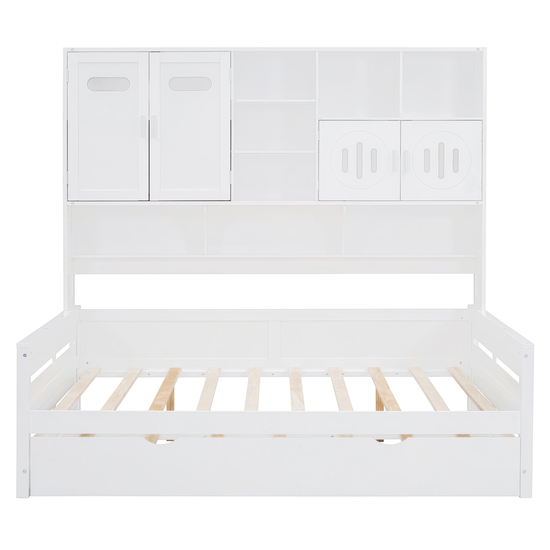 Full Size Wooden Daybed With Twin Size Trundle, And All In One Cabinet And Shelf - White - Image 4