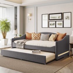 Twin Size Upholstered Daybed With Light And Trundle - Gray