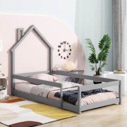Twin Size Wood Bed With House-Shaped Headboard Floor Bed With Fences - Gray