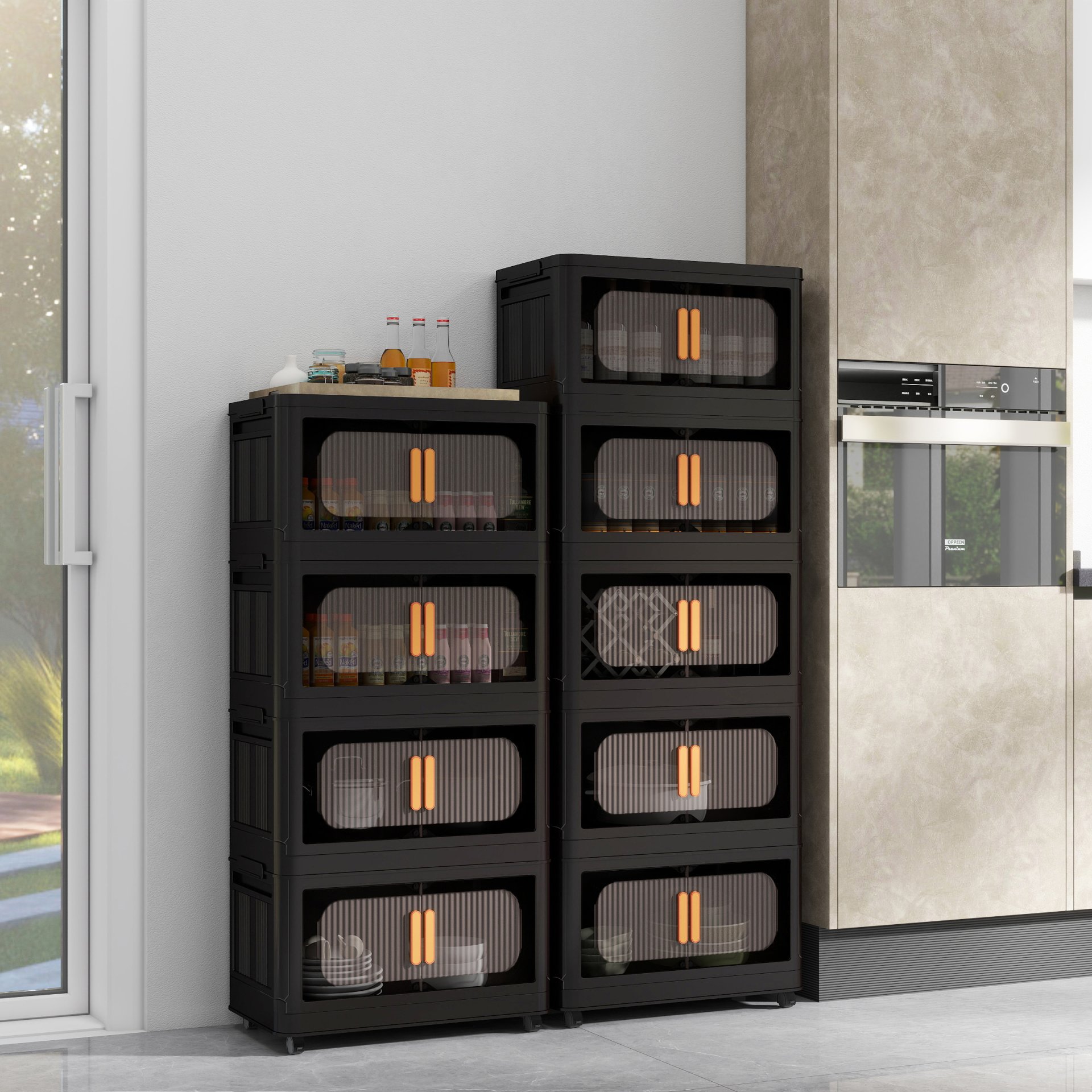 Folding Storage Cabinet 5 Tier Wide Plastic With Magnetic Doors And Wheels - Black - Image 8