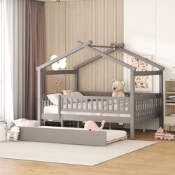 Full Size House Bed With Twin Size Trundle - Gray