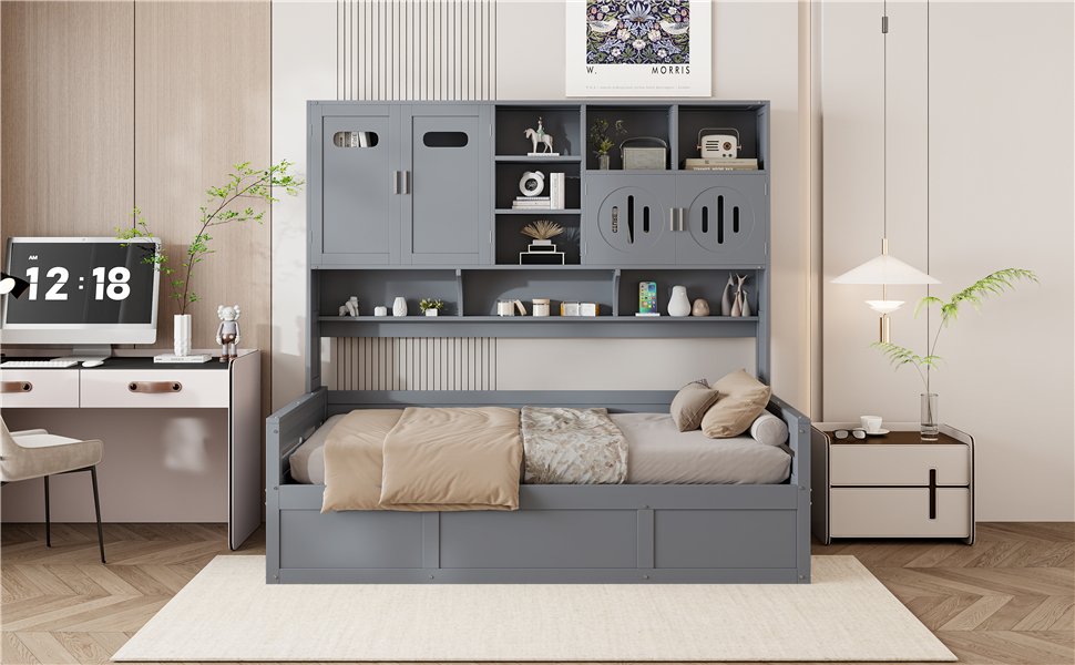 Twin Size Wooden Daybed With Hydraulic Bed And All In One Cabinet And Shelf - Gray - Image 13