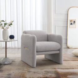 Arm Chair With Waved Arms, Metal Decoration On Both Side Arms, Accent Chair For Primary Living Space, Living Room, Bedroom, Teddy Fabric - Light Gray