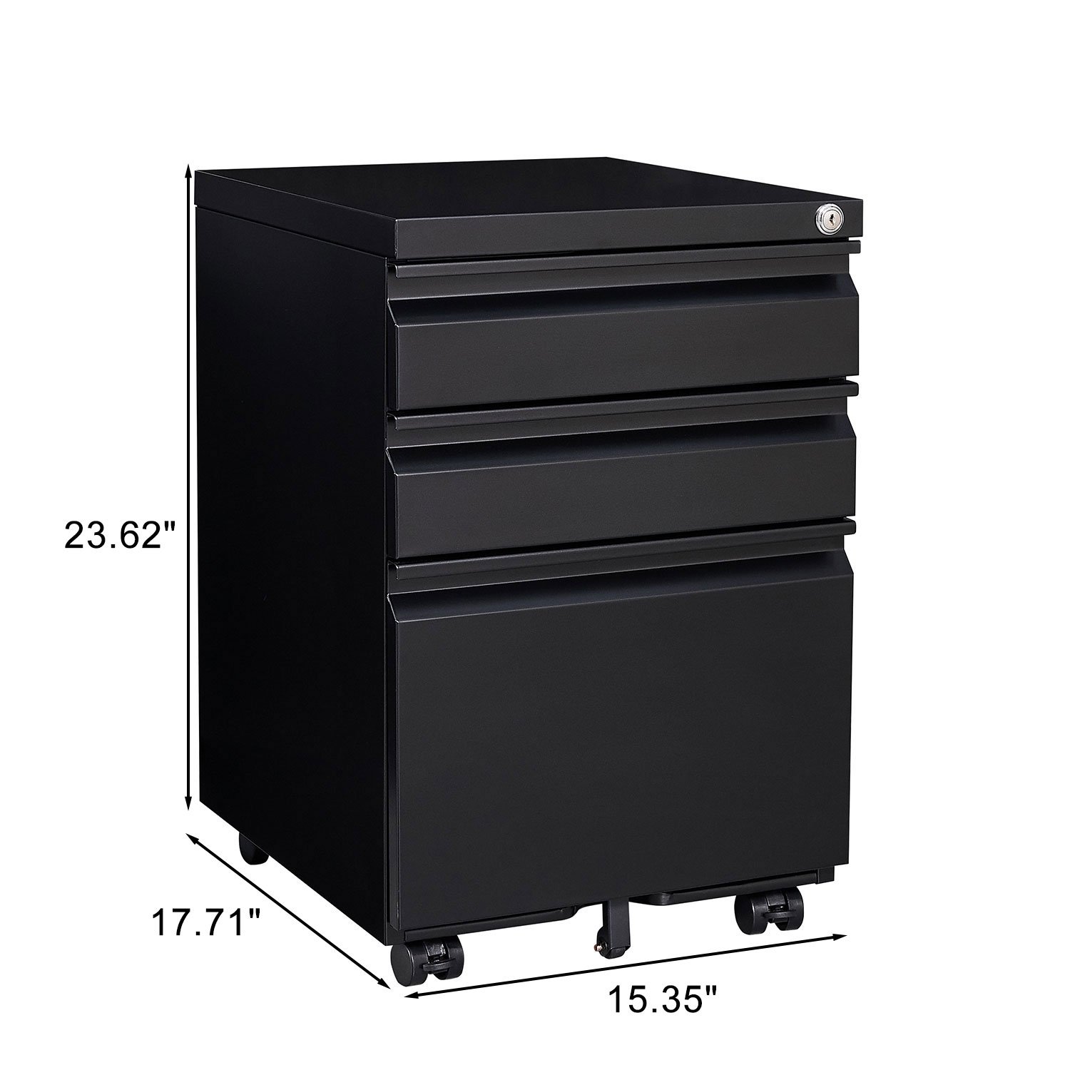 Contemporary 3 Drawer Mobile Filing Cabinet With Lock, Metal Office Storage For Legal / Letter Size - Black - Image 3