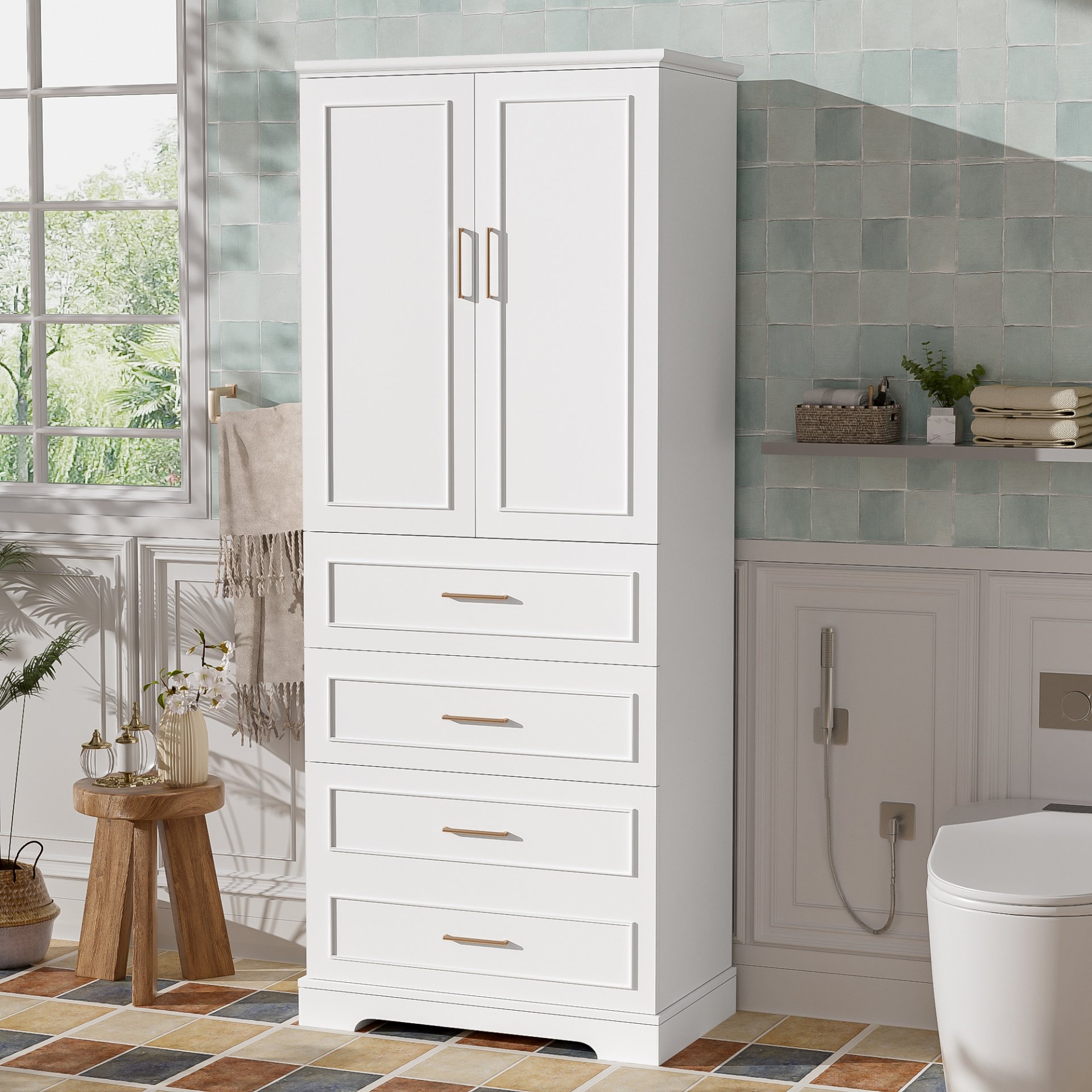 Bathroom Cabinet With 3 Drawers, Adjustable Shelf, Panels, Steel Handles, Soft Close Doors - White - Image 5