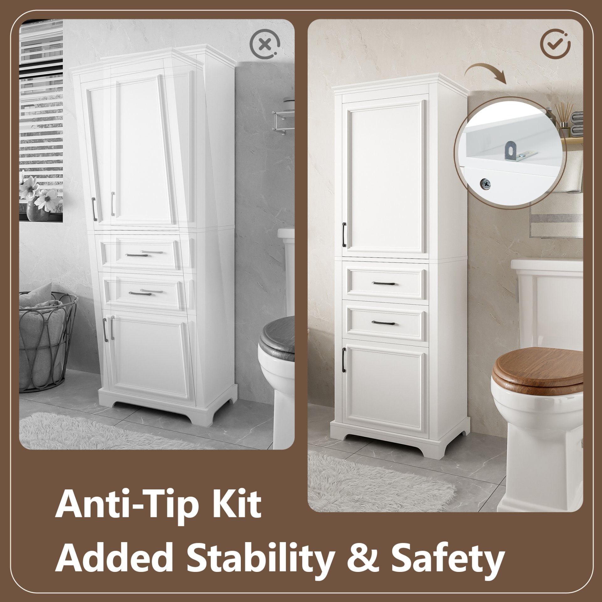 Freestanding Bathroom Vanity Tall With Damping Hinge Doors, Adjustable Shelves - White - Image 9