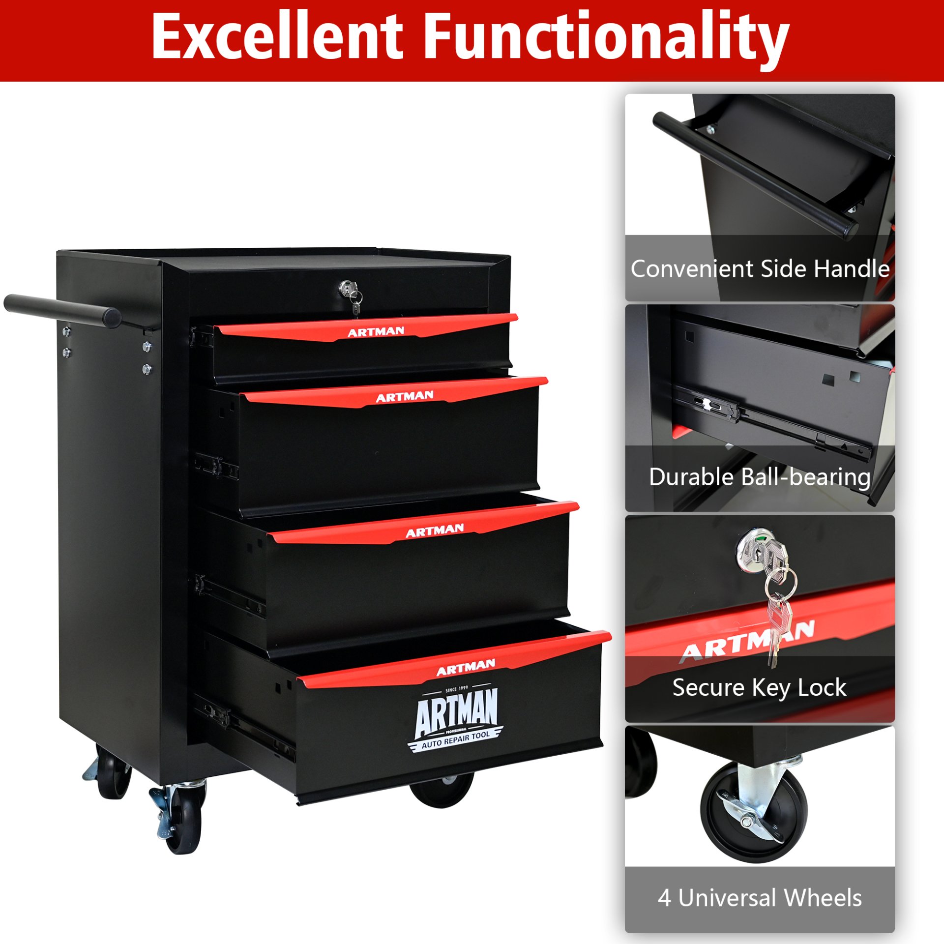 Rolling Metal Tool Chest With 4 Drawers, 20" Steel Storage Cabinet With Ball Bearing Slides - Black / Red - Image 5