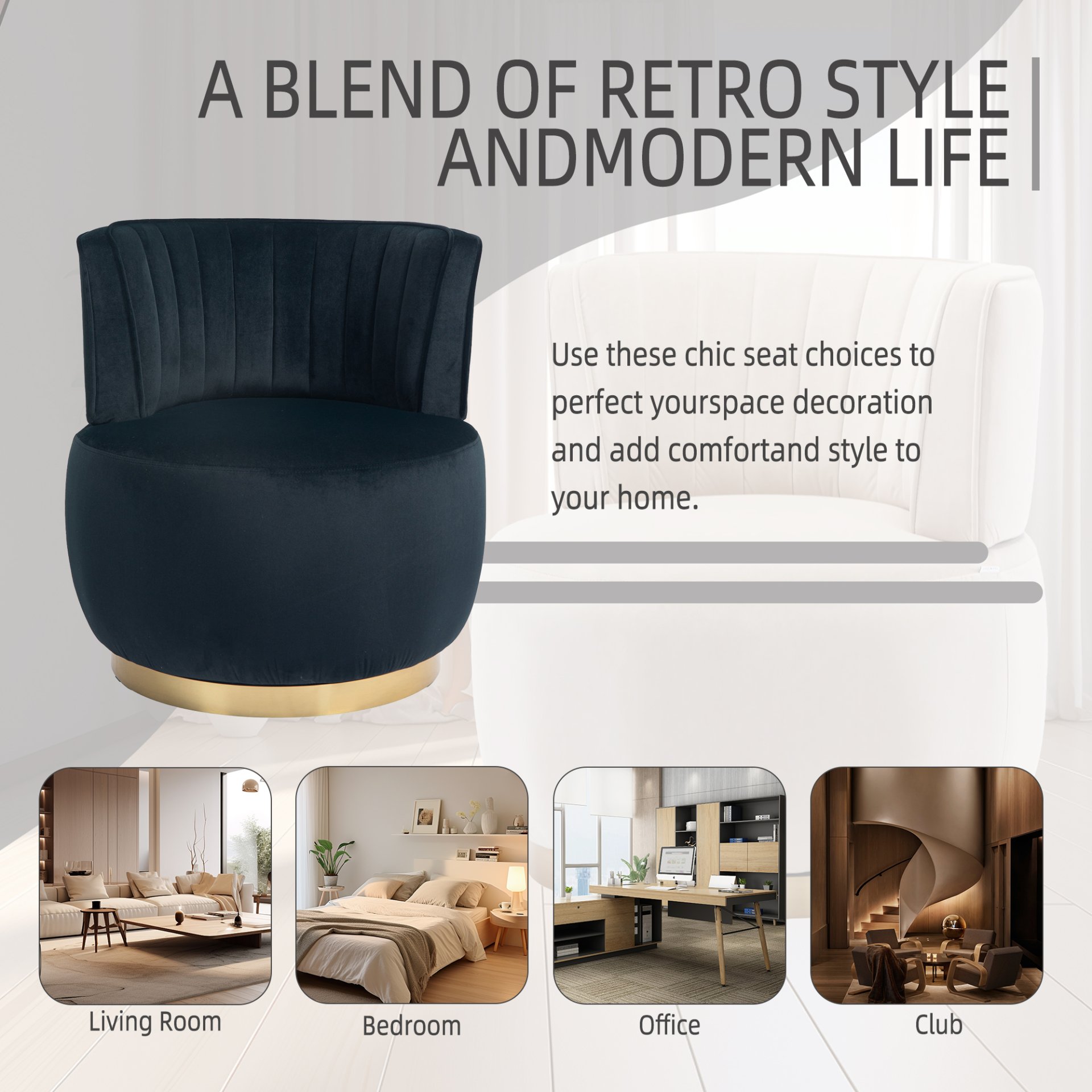 Coolmore - Swivel Barrel Chair, 360 Degree Round Armchair With Fluffy Velvet Upholstery For Living Room, Bedroom, Office - Black - Image 7