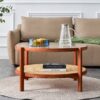 Modern Minimalist Circular Double Layer Solid Wood Coffee Table With Glass Top, Rattan Layer - Walnut - Image 4