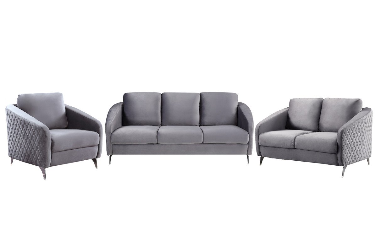 Sofia - Velvet Fabric Sofa, Loveseat, Chair Living Room (Set of 3) - Gray - Image 2