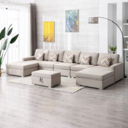 Nolan - Linen Fabric 6 Piece Double Chaise Sectional Sofa With Interchangeable Legs, Storage Ottoman, And Pillows - Beige