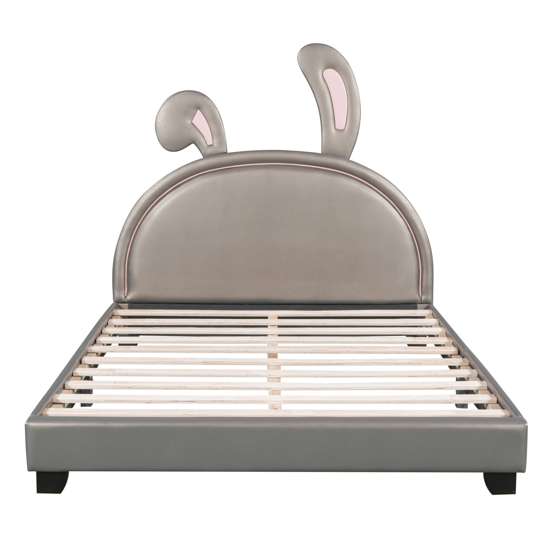 Full Size Upholstered Leather Platform Bed With Rabbit Ornament - Gray - Image 4