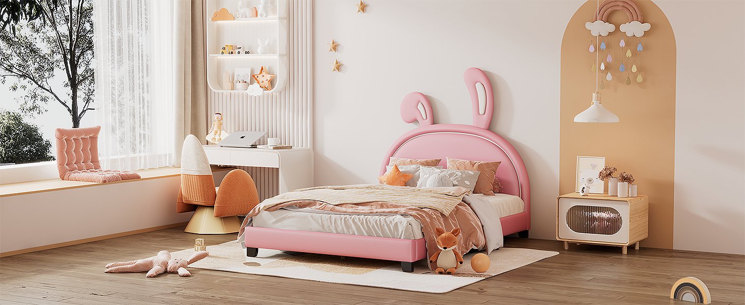 Full Size Upholstered Leather Platform Bed With Rabbit Ornament, Pink - Image 12