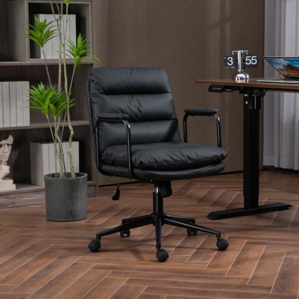 Office Chair, Mid Back Home Office Desk Task Chair With Wheels And Arms Ergonomic Computer Rolling Swivel Chair With Padded Armrest - Black