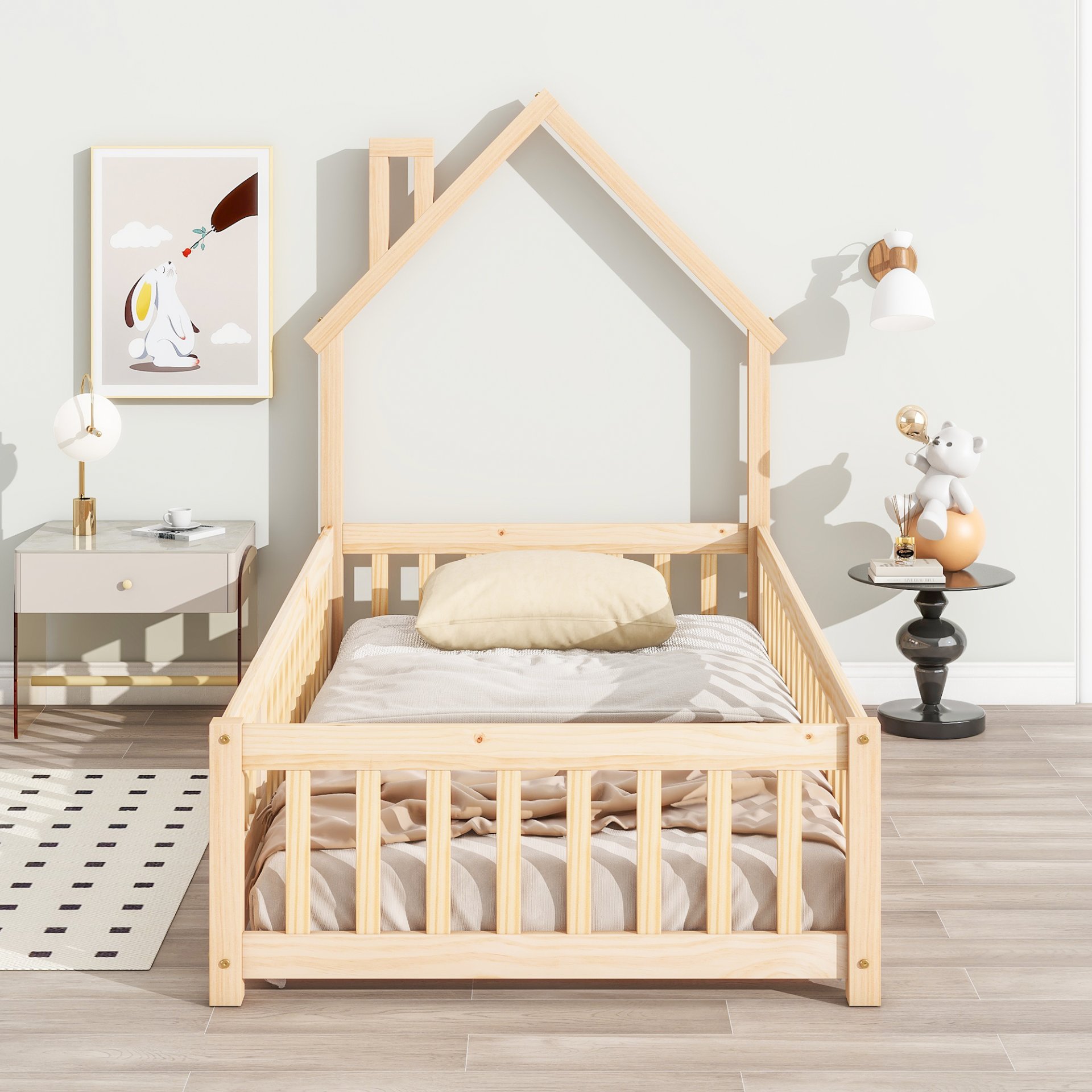 Twin House-Shaped Headboard Floor Bed With Fence - Natural - Image 3
