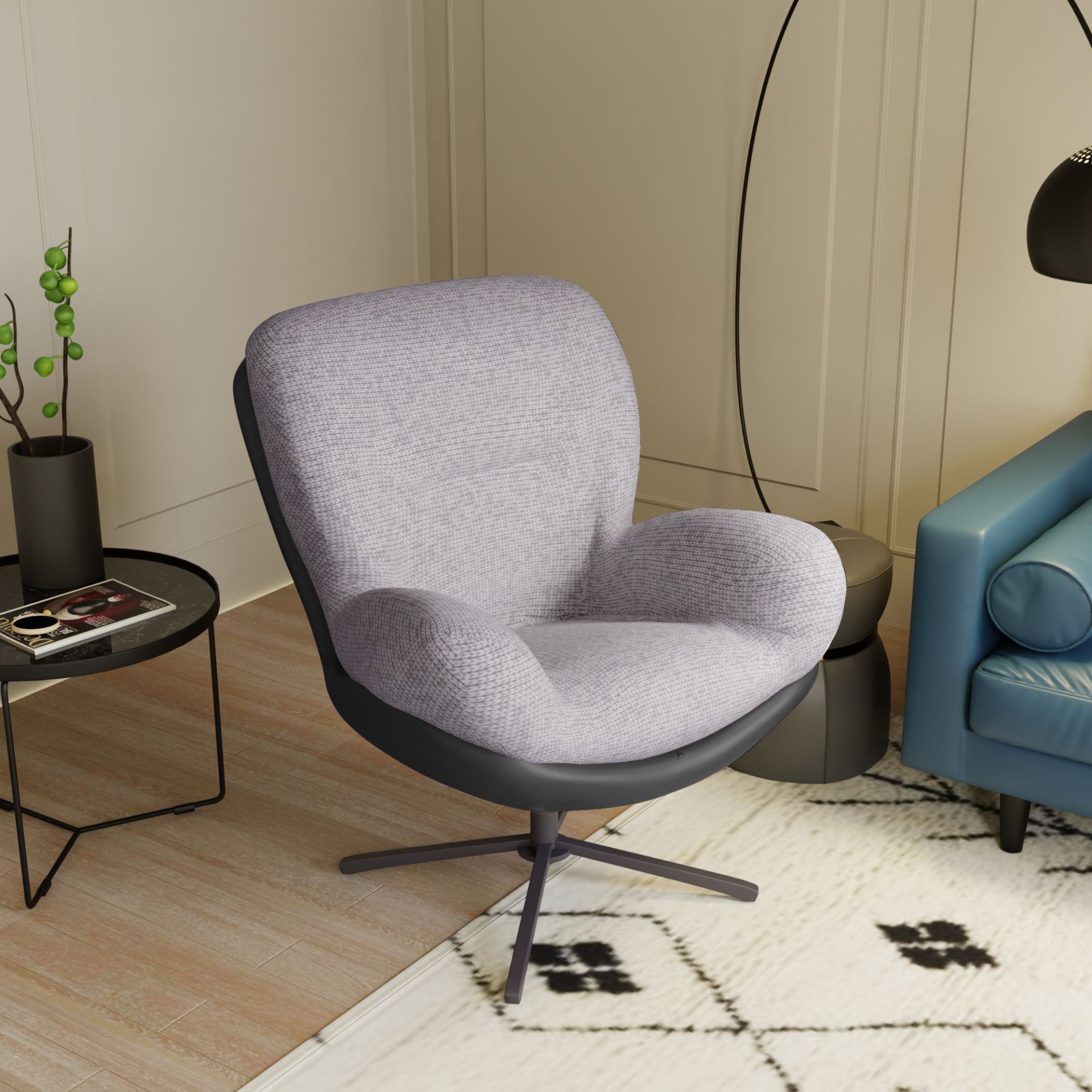 360° Swivel Office Chair, Modern Chenille Chair With And Metal Base Frame, No Wheels, Accent Chair - Gray - Image 7