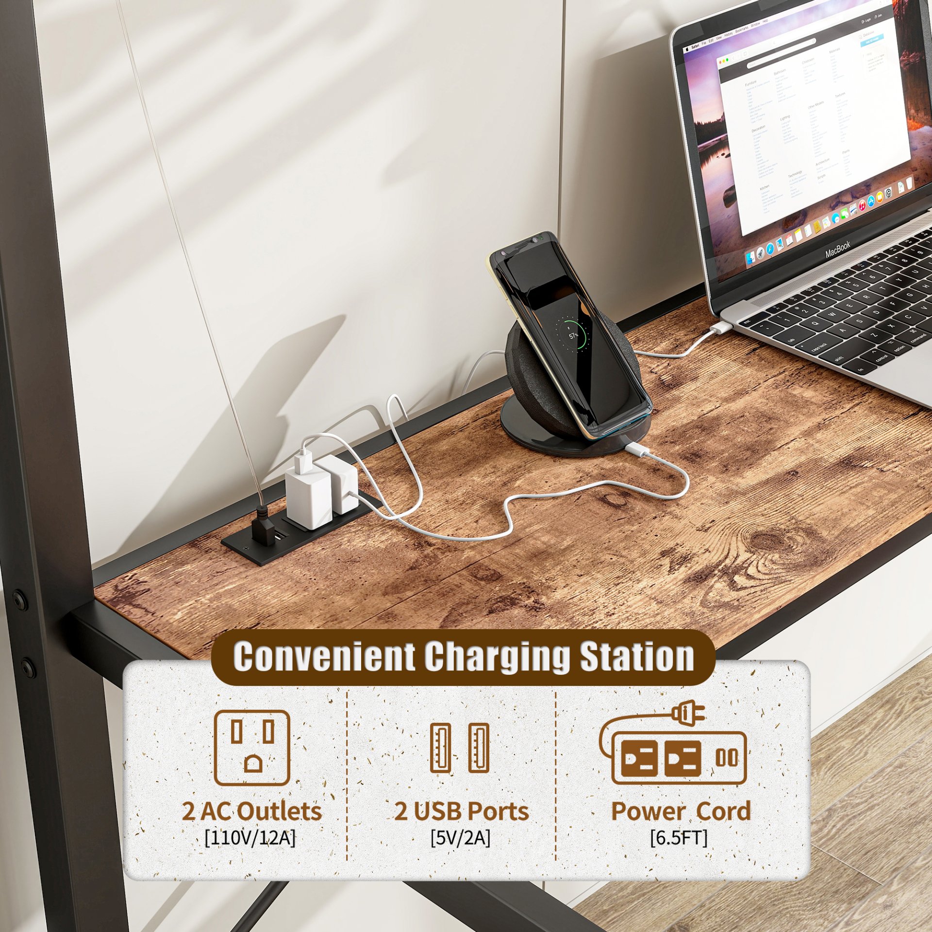 Space Saving Twin Size Loft Bed With L Shaped Desk, Shelves, Charging Station, Led Lights - Brown - Image 5