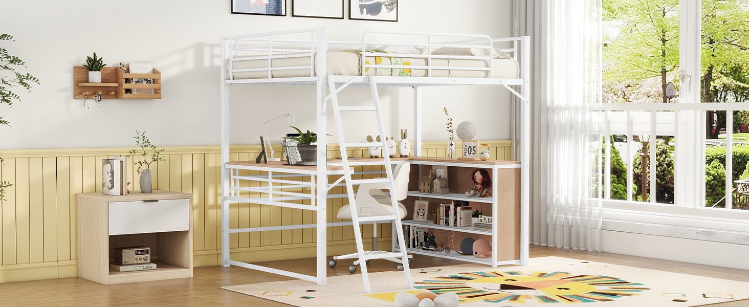 Full Size Loft Bed With 3 Layers Of Shelves And L-Shaped Desk - White - Image 16