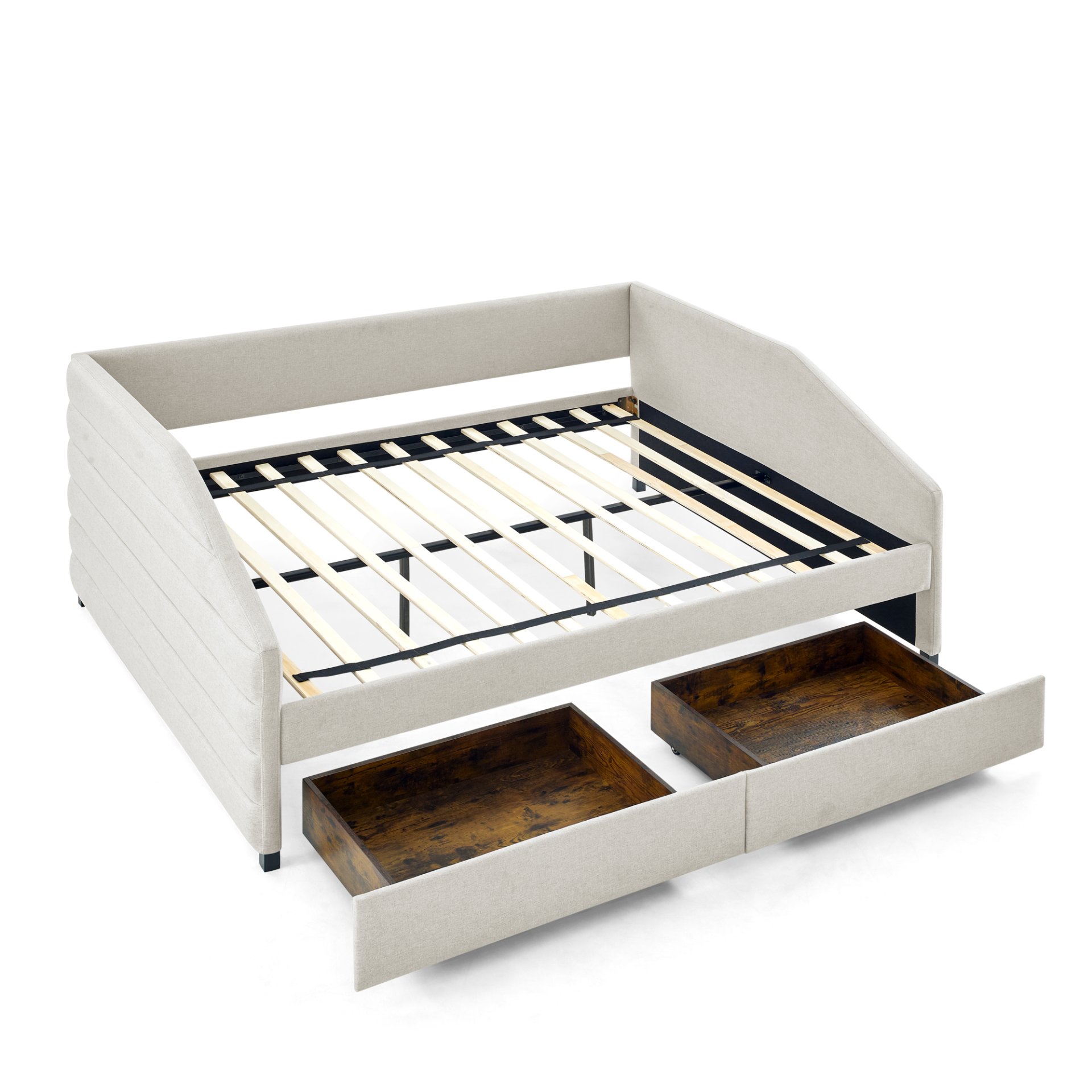 Tufted Upholstered Queen Size Daybed With 2 Drawers Trundle Linen Fabric - Beige - Image 15