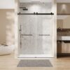 Frameless Double Sliding Soft Close Bathtub Shower Door, 5 / 16" Clear Nano Coated Tempered Glass And 304 Stainless Steel Handle - Matte Black - Image 2