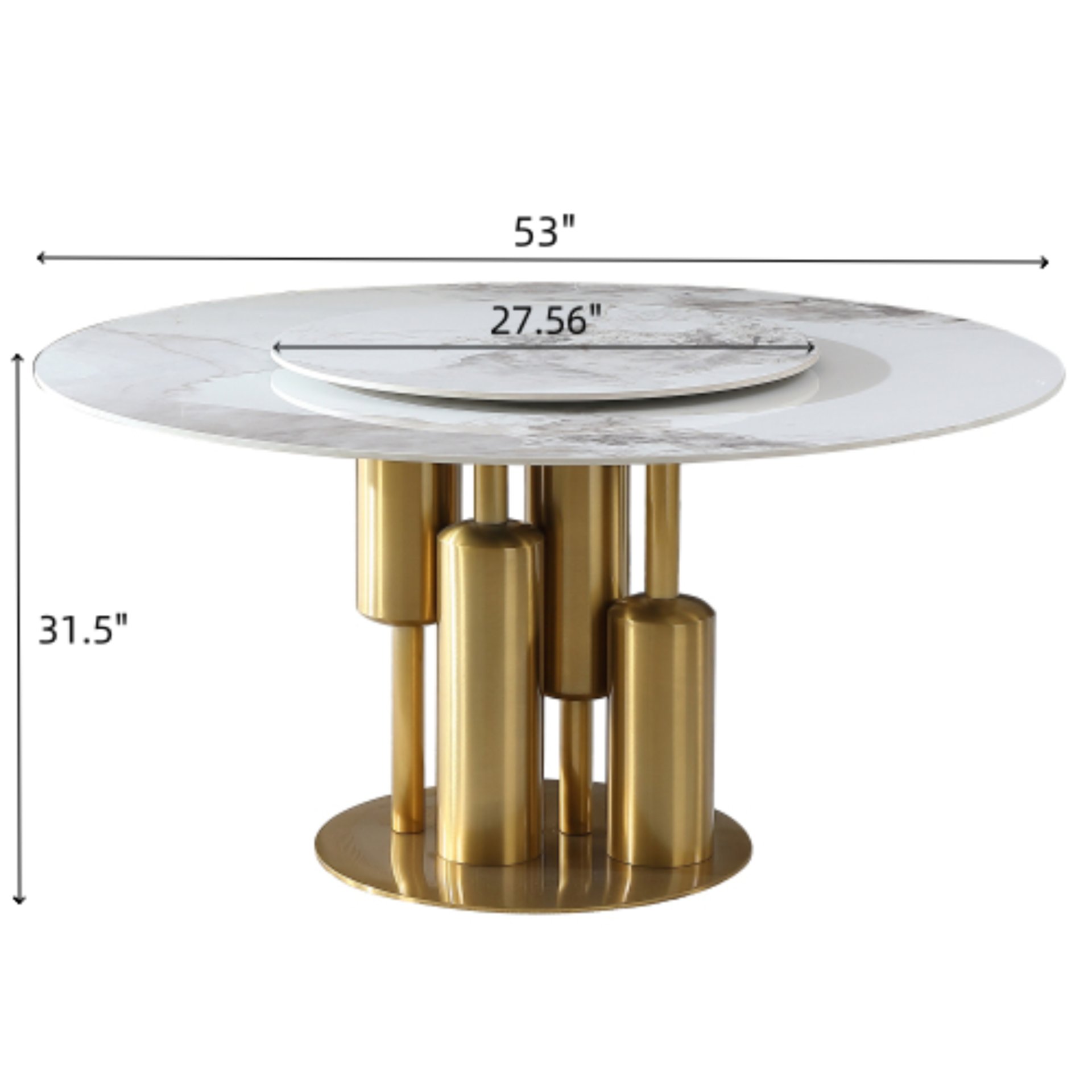 53" Round Marble Dining Table With Lazy Susan, Dining Room, Dinette (Table Only) - Gold / Gold / White - Image 3
