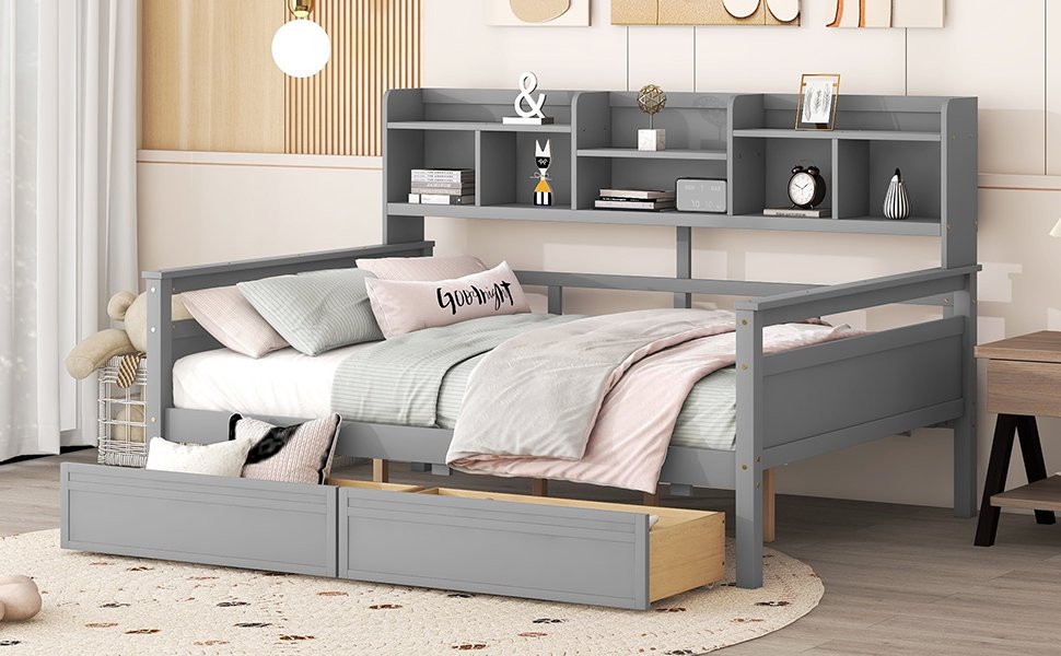Full Size Daybed, Slat Support, With Bedside Shelf And 2 Drawers - Gray - Image 13
