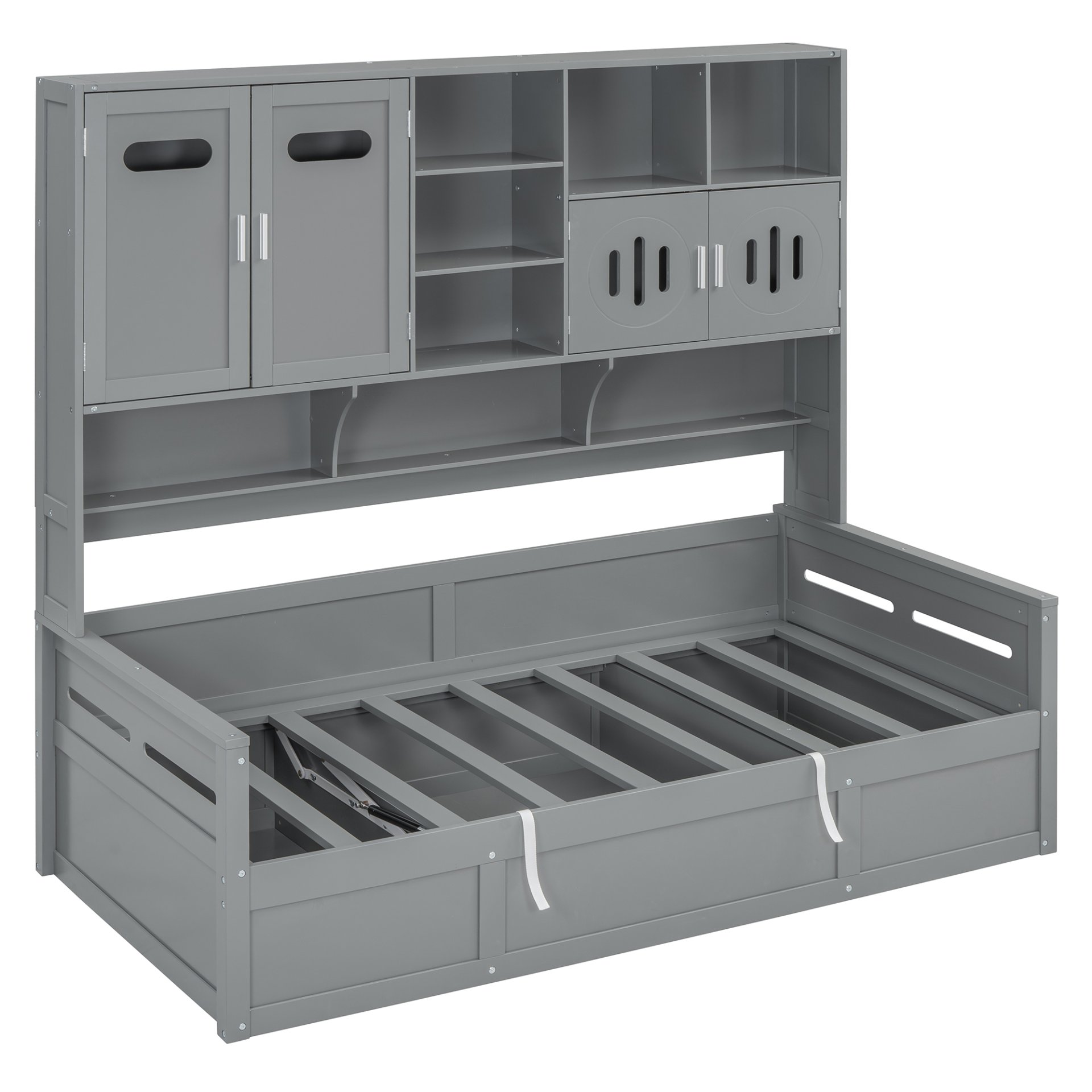 Twin Size Wooden Daybed With Hydraulic Bed And All In One Cabinet And Shelf - Gray - Image 3