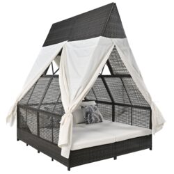 Outdoor Daybed Patio Lounge Bed With Adjustable Backrest Double Sun Lounger With Curtains, 4 Pillows For Garden Patio Poolside Balcony Beach - Cream