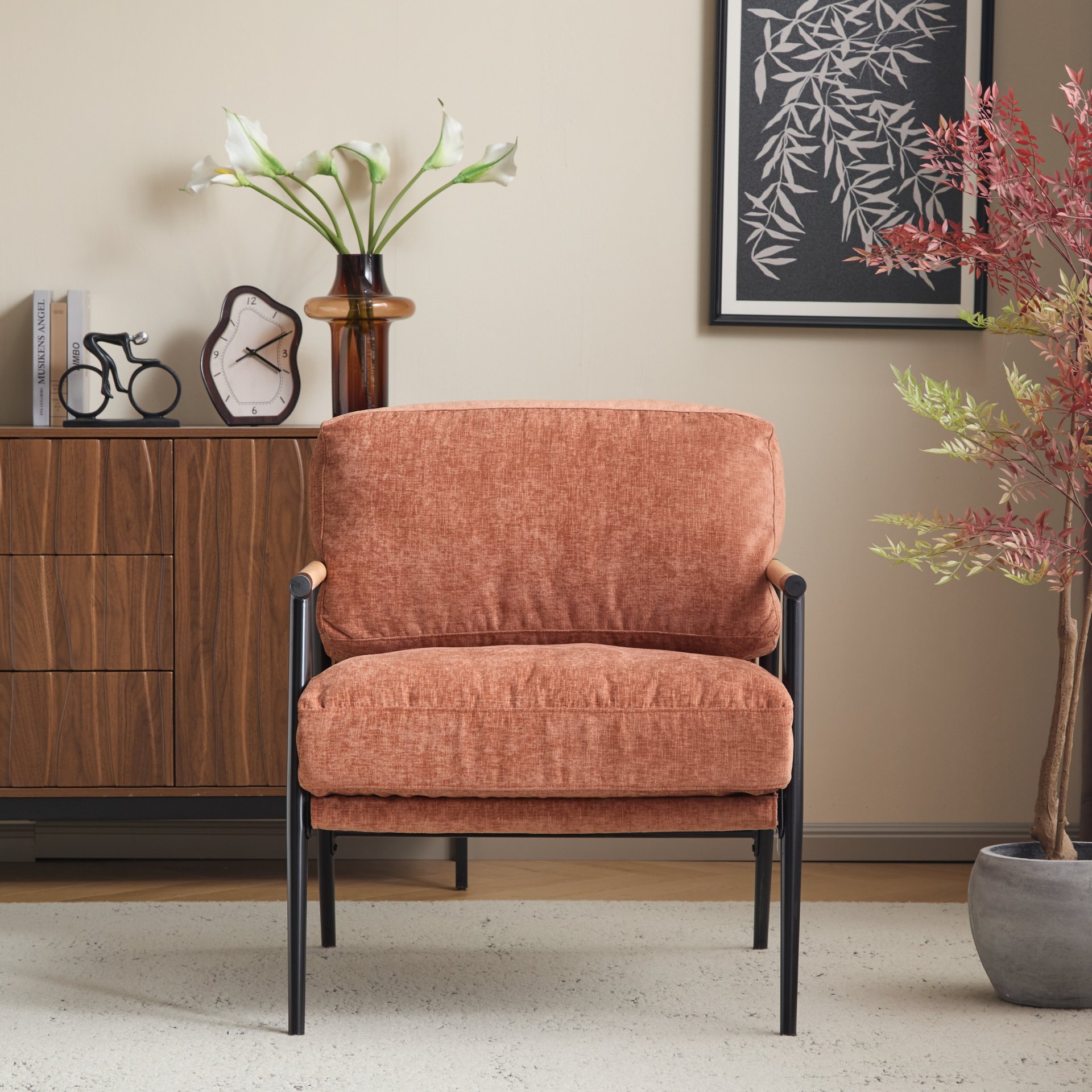 Modern Accent Chair With Plush Cushions, Minimalist Metal Frame, Wooden Armrest Design - Orange - Image 5