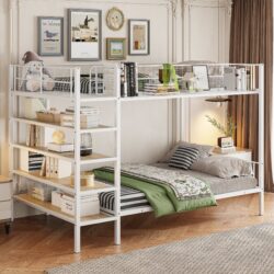 Twin Over Full Bunk Bed With 5 Tier Shelves - White