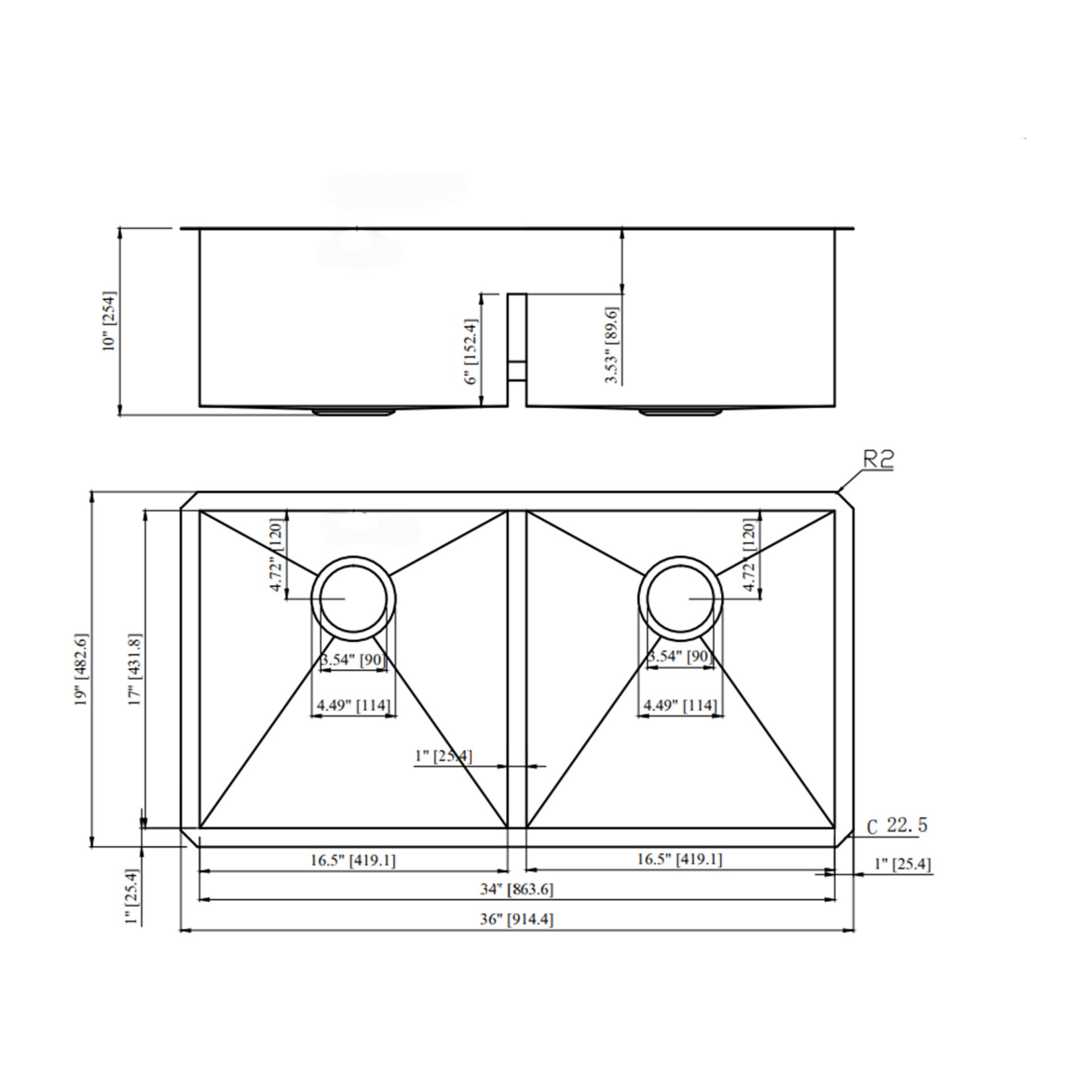 36" X 19" Double Bowl Undermount Sink With 2 10" Deep Basins - Brushed Nickel - Image 3