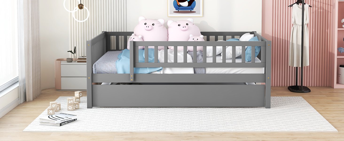 Full Size Daybed With Trundle And Fence Guardrails - Gray - Image 18