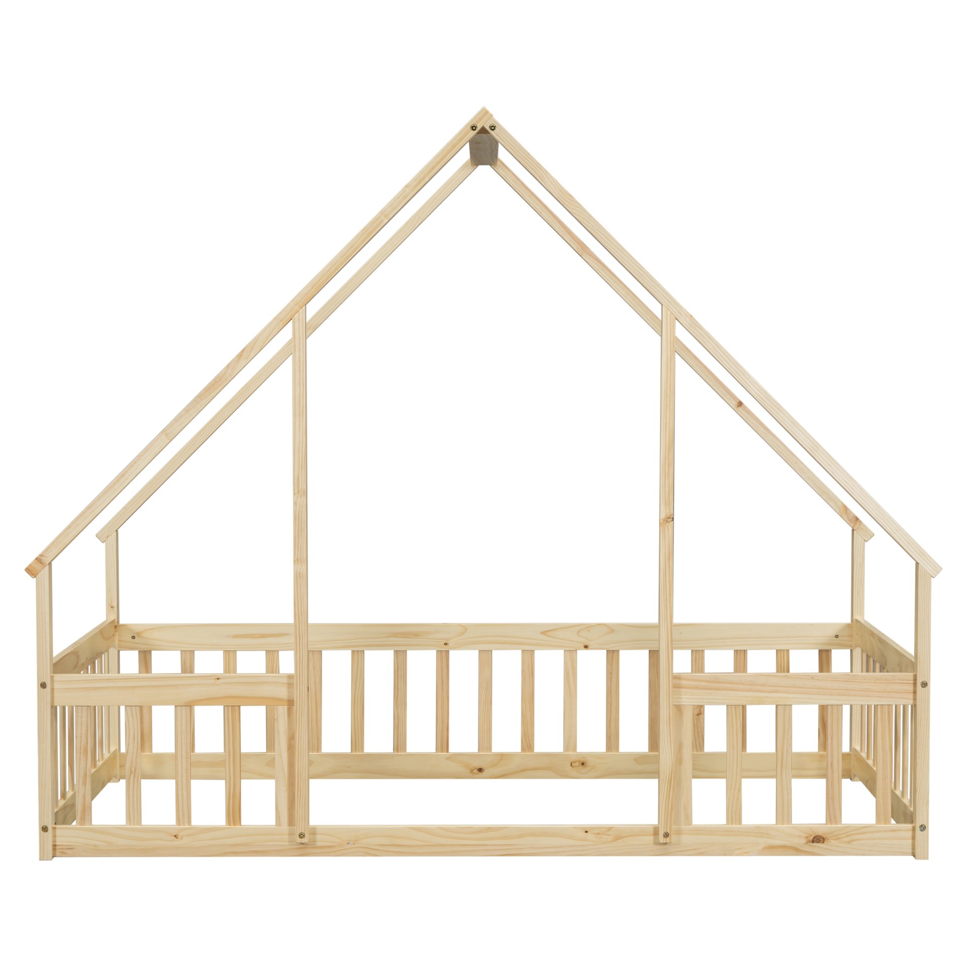 Twin Wood House-Shaped Floor Bed With Fence, Guardrails - Natural - Image 15