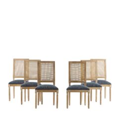 Elegant French Country Dining Chairs (Set of 6) With Cane Backrest & Upholstered Seats Solid Rubberwood Frame - Blue Gray