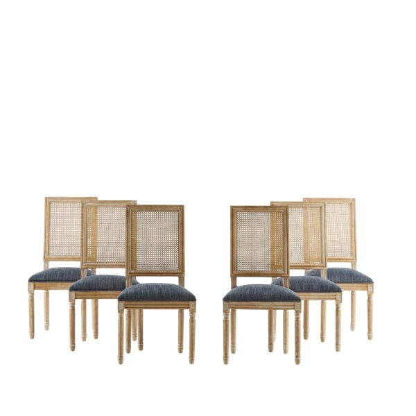 Elegant French Country Dining Chairs (Set of 6) With Cane Backrest & Upholstered Seats Solid Rubberwood Frame - Blue Gray