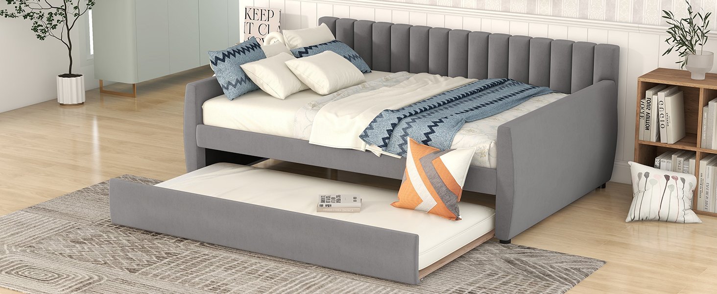 Full Size Upholstered Daybed With Trundle And Slat Support - Gray - Image 14