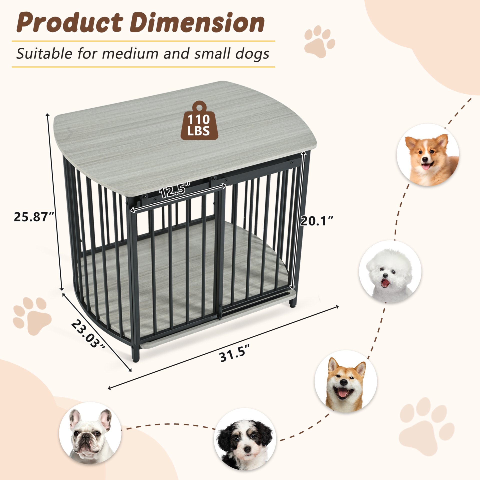 Furniture Style Dog Crate For Small And Medium Dogs, Wooden Cage Indoor Kennel Furniture, Modern Dog Crate End Table With Double Doors - Gray - Image 5