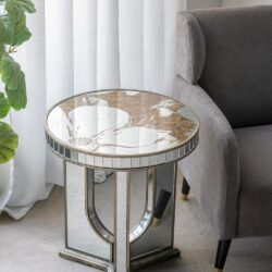 Round Side Table With Elegant Foral Design And Mirrored - Silver Multi