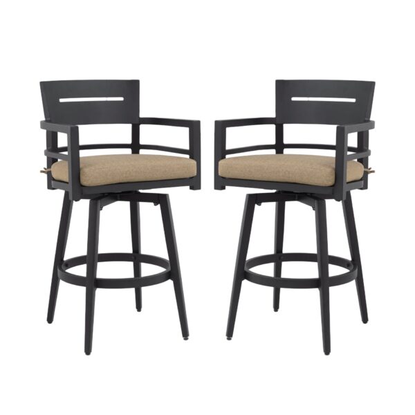Outdoor Swivel Bar Chairs, 360 Degree Rotation With Ergonomic Backrest (Set of 2) - Ember Black / Linen Sesame