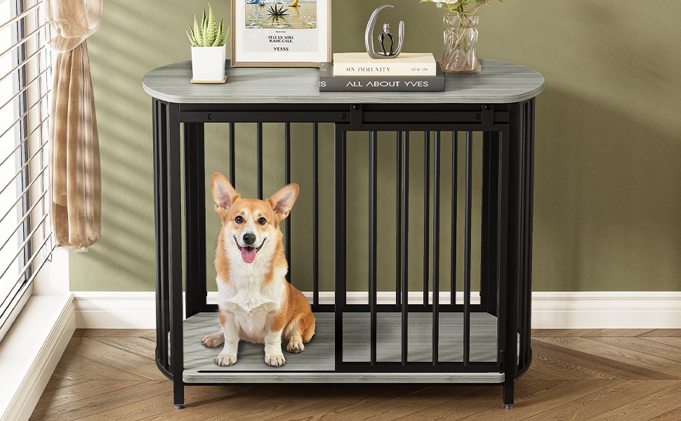Furniture Style Dog Crate For Small And Medium Dogs, Wooden Cage Indoor Kennel Furniture, Modern Dog Crate End Table With Double Doors - Gray - Image 7